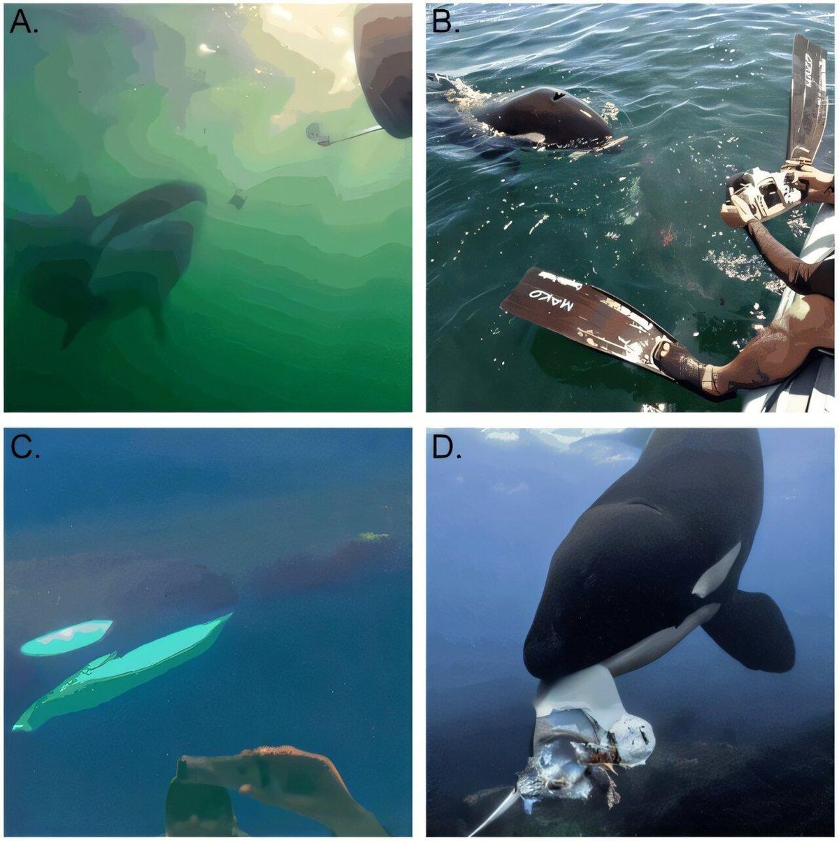 Imágenes de algunos intentos de abastecimiento. (A) Una orca juvenil NZ155 (Fossey) ofrece un trozo de hígado de raya águila a Ingrid N. Visser bajo el agua en el Pacífico Sur Occidental. Captura de video: Steve Hathaway. (B) Una orca ofrece una raya mobula entera a Leonardo González en un barco en el Pacífico Tropical Oriental. Foto: Lucía Corral. (C) Una orca juvenil solitaria T046C2 (Sam) a punto de recuperar una foca común entera tras ofrecérsela a Jared R. Towers y sus colegas en un barco en el Pacífico Norte Oriental. Foto: Jared R. Towers. (D) Una orca hembra adulta NZ51 (Dian) recupera la mayor parte de una raya águila tras ofrecérsela a Brian Skerry bajo el agua en el Pacífico Sur Occidental. Foto: Brian Skerry.