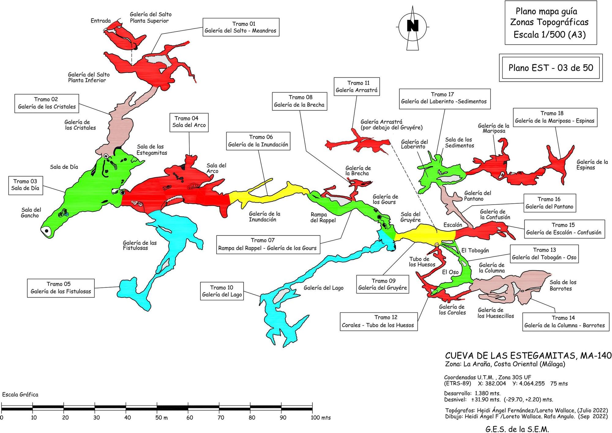 Topografía de la Cueva de las Estegamitas realizado por el Grupo de Exploraciones Subterráneas de la Sociedad Excursionista de Málaga