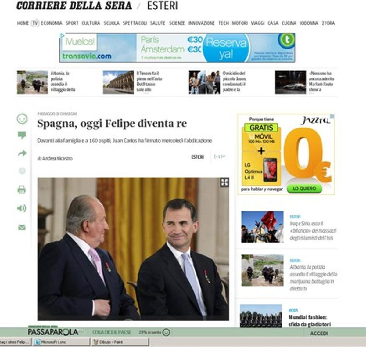 Capçalera ’Corriere della Sera’ es fa ressò de la coronació de Felip VI.