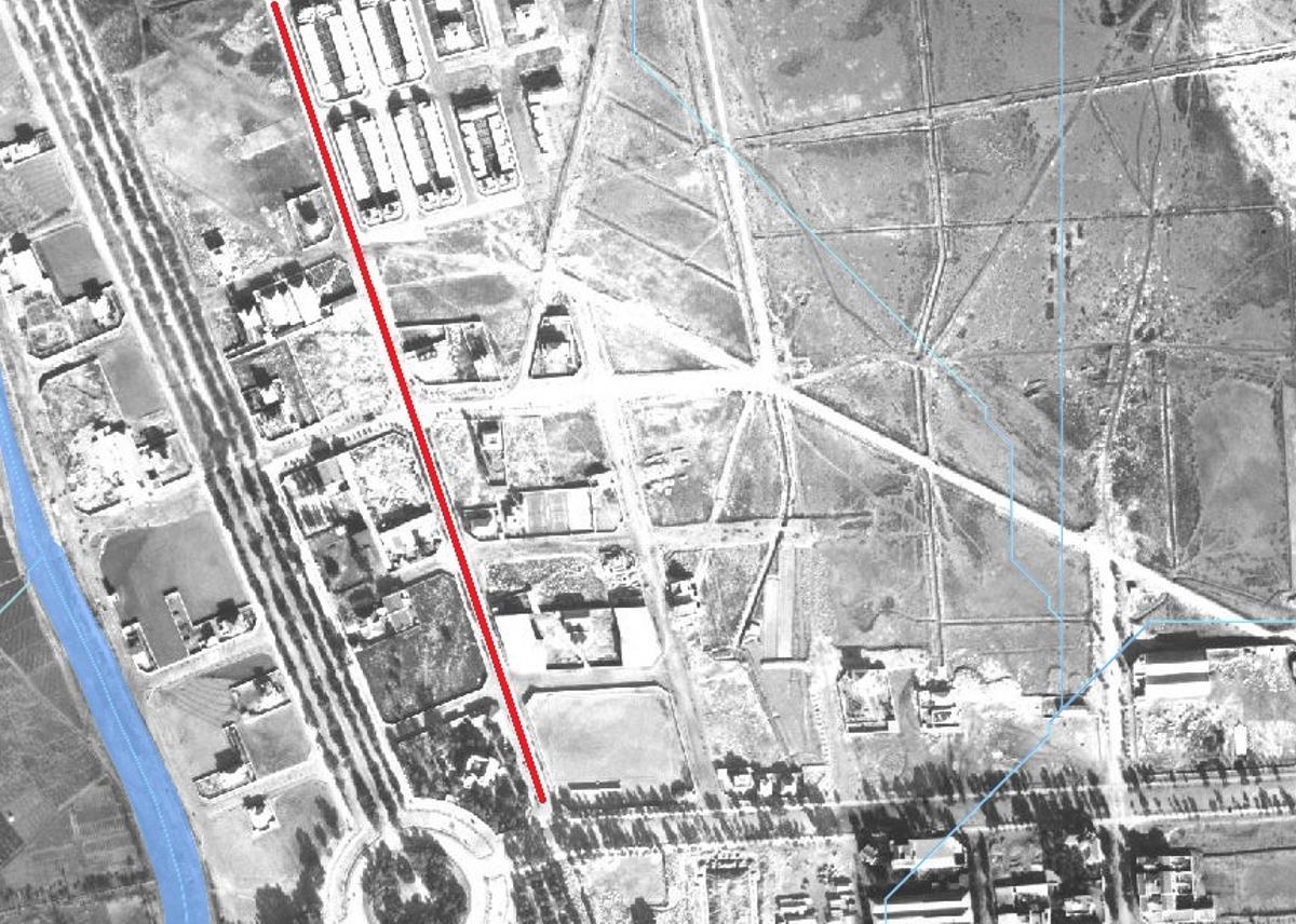 Vista aérea de parte de la calle 18 de Cartagena, marcada con una línea roja, en 1929, foto cortesía CHS.