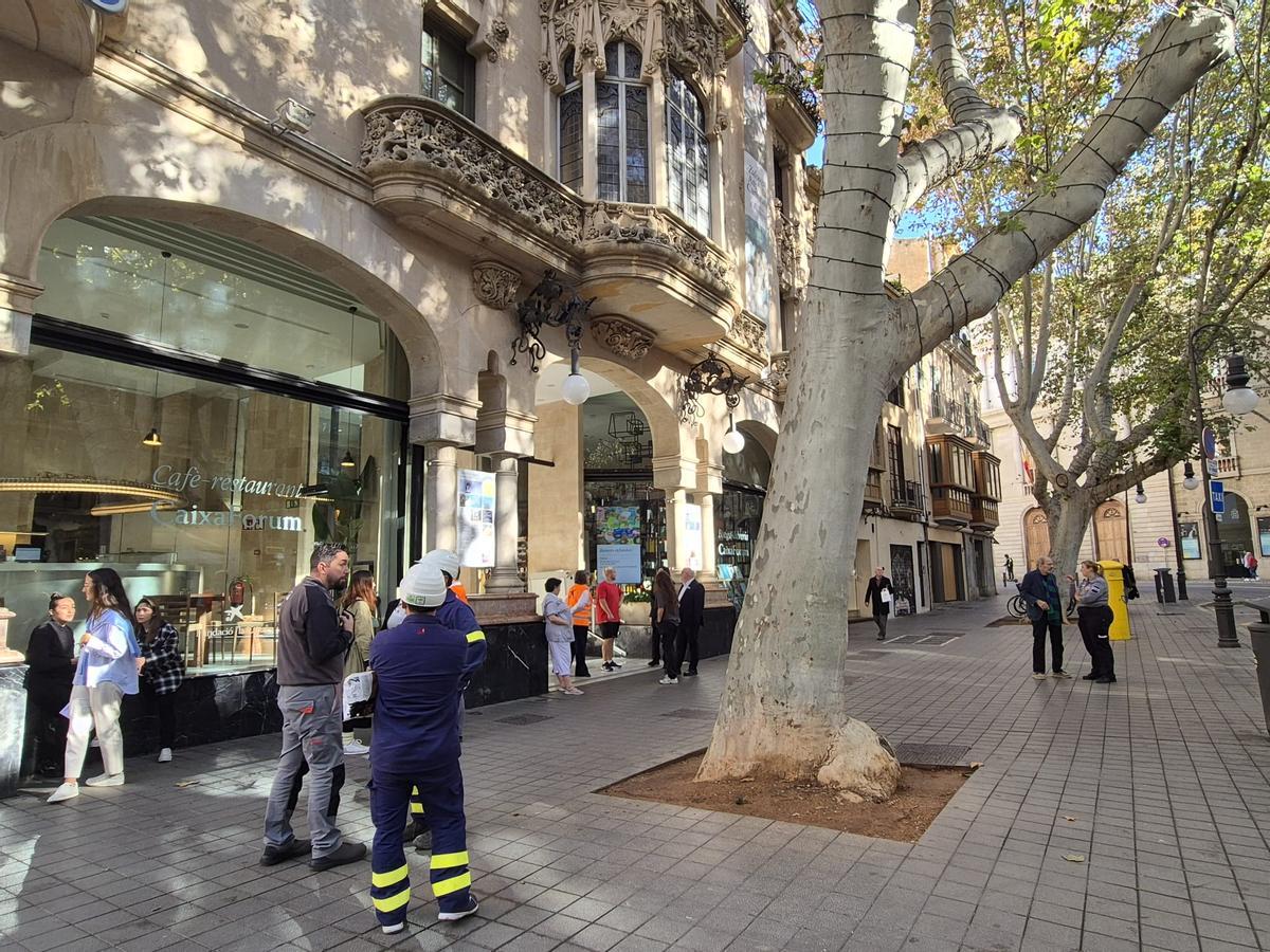 Empleados del CaixaForum esperaban esta mañana a que ventilaran el interior del edificio.