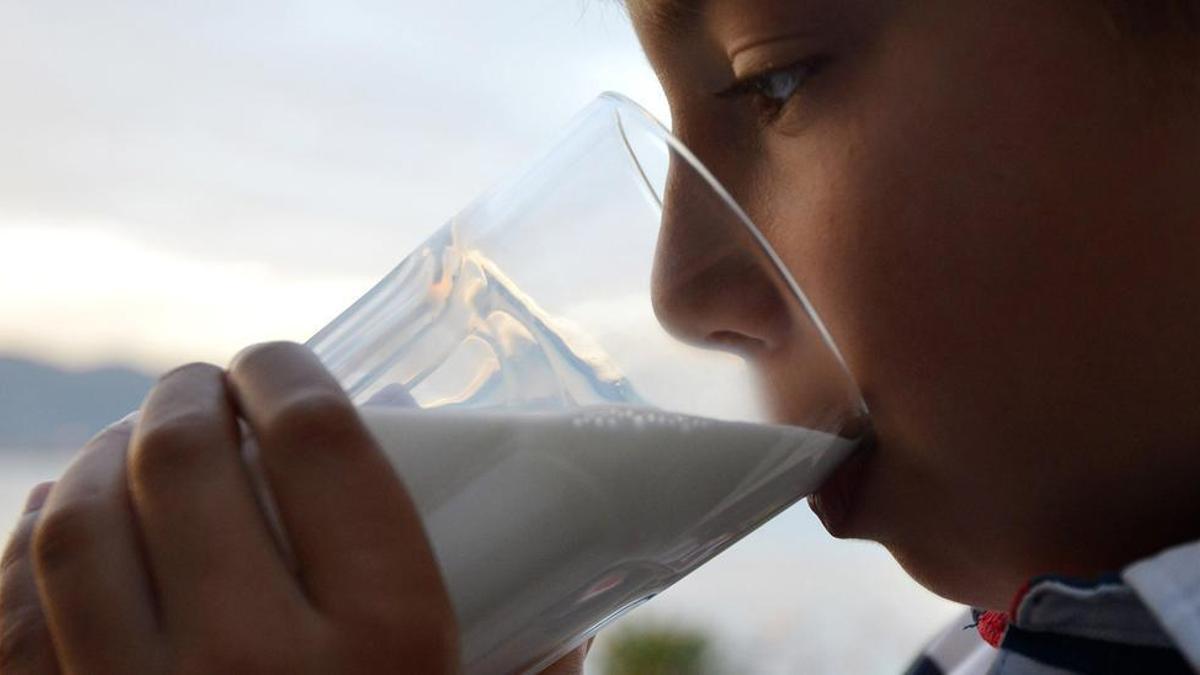 Un niño, bebiendo un vaso de leche.