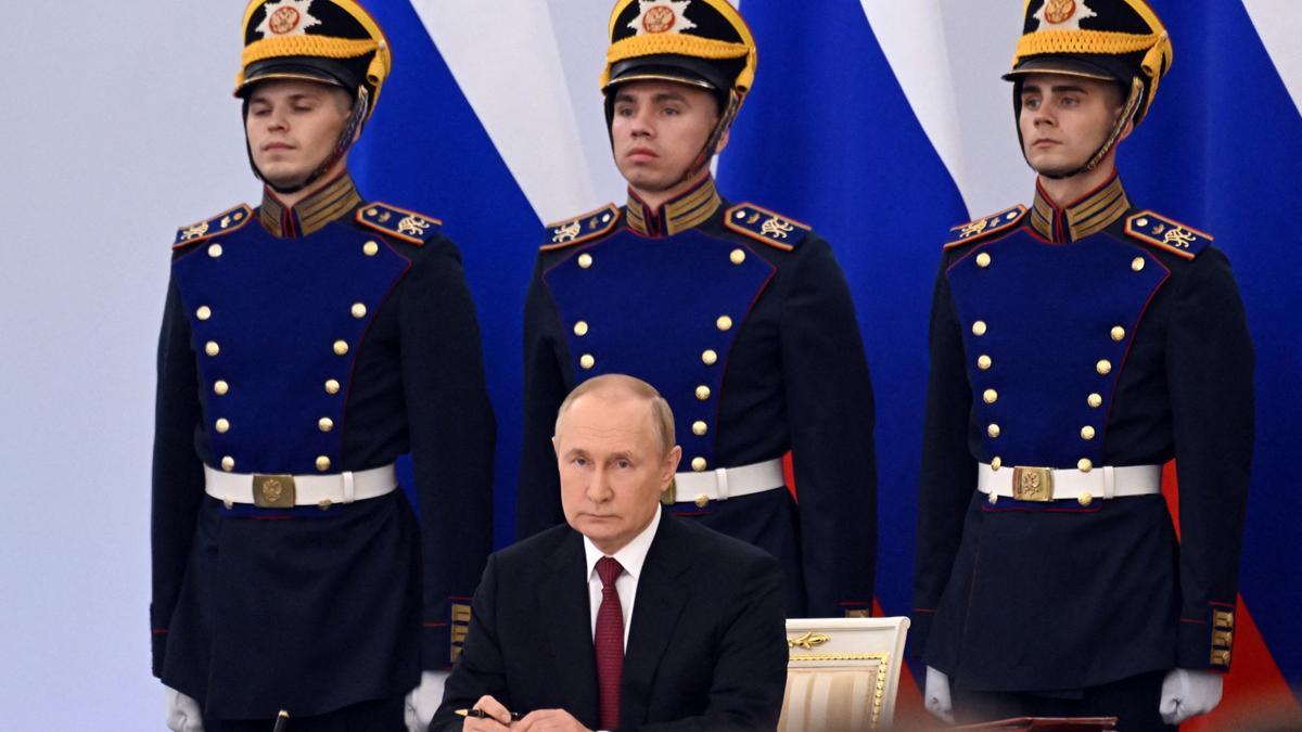 Vladimir Putin, durante la ceremonia de anexión de las regiones ucranianas de Donetsk, Lugansk, Jersón y Zaporiyia.