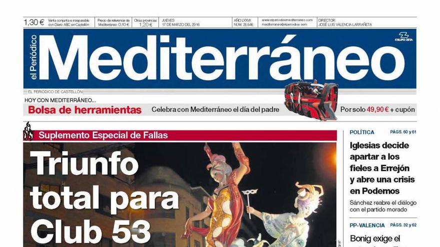 Triunfo total para Club 53, hoy en la portada de Mediterráneo