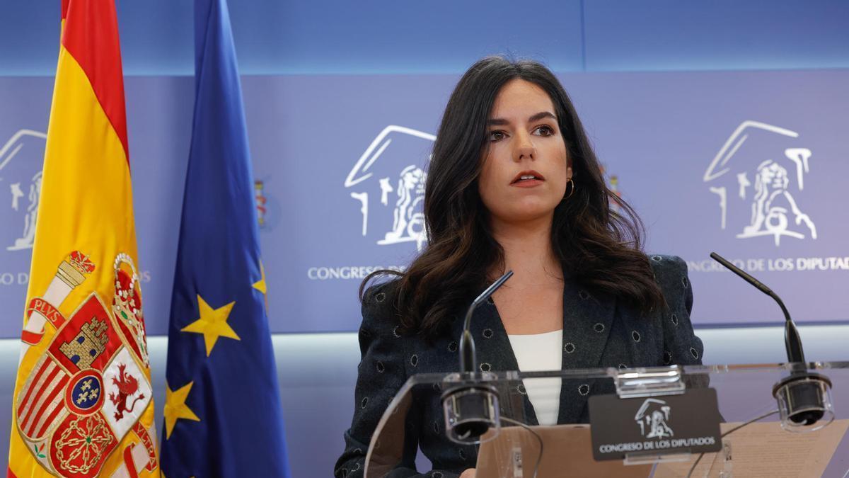 Pepa Millán, portavoz de Vox en el Congreso de los Diputados, en la rueda de prensa de este martes.