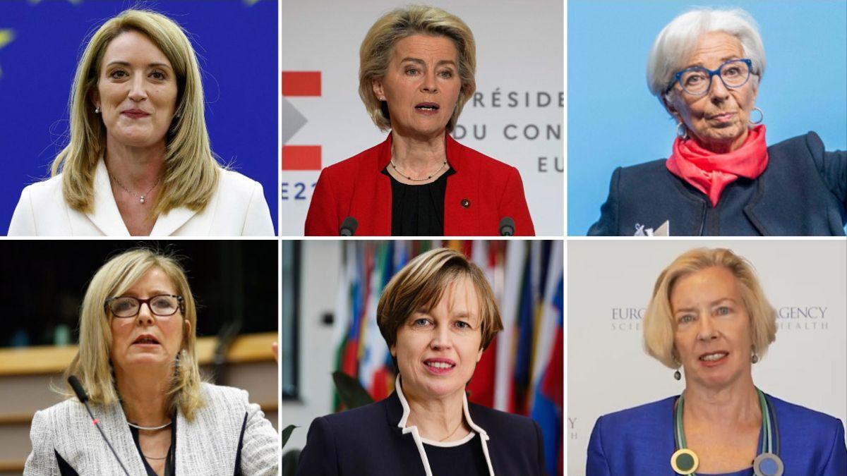 De izquierda a derecha y de arriba a abajo Roberta Metsola, Ursula von der Leyen, Christine Lagarde, Emily O’Reilly, Catherine de Bolle y Emer Cooke.