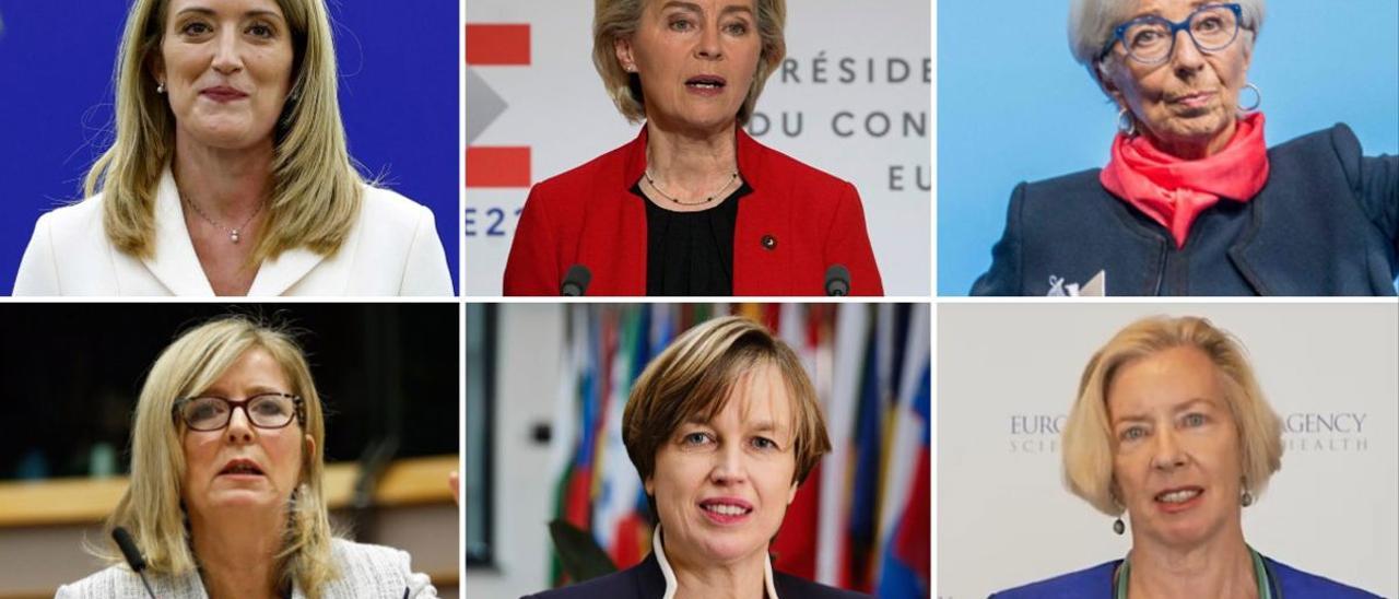 De izquierda a derecha y de arriba a abajo Roberta Metsola, Ursula von der Leyen, Christine Lagarde, Emily O’Reilly, Catherine de Bolle y Emer Cooke.