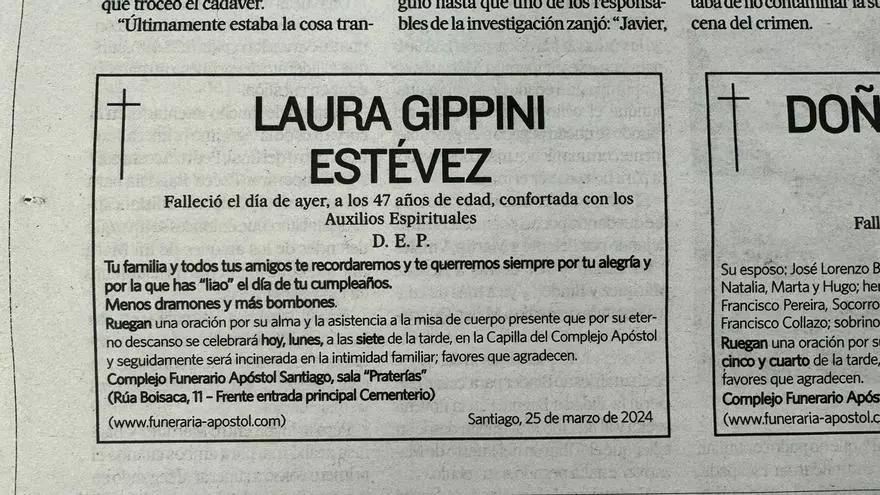 La curiosa esquela de una compostelana: &quot;La que has &#039;liao&#039;. Menos dramones y más bombones&quot;