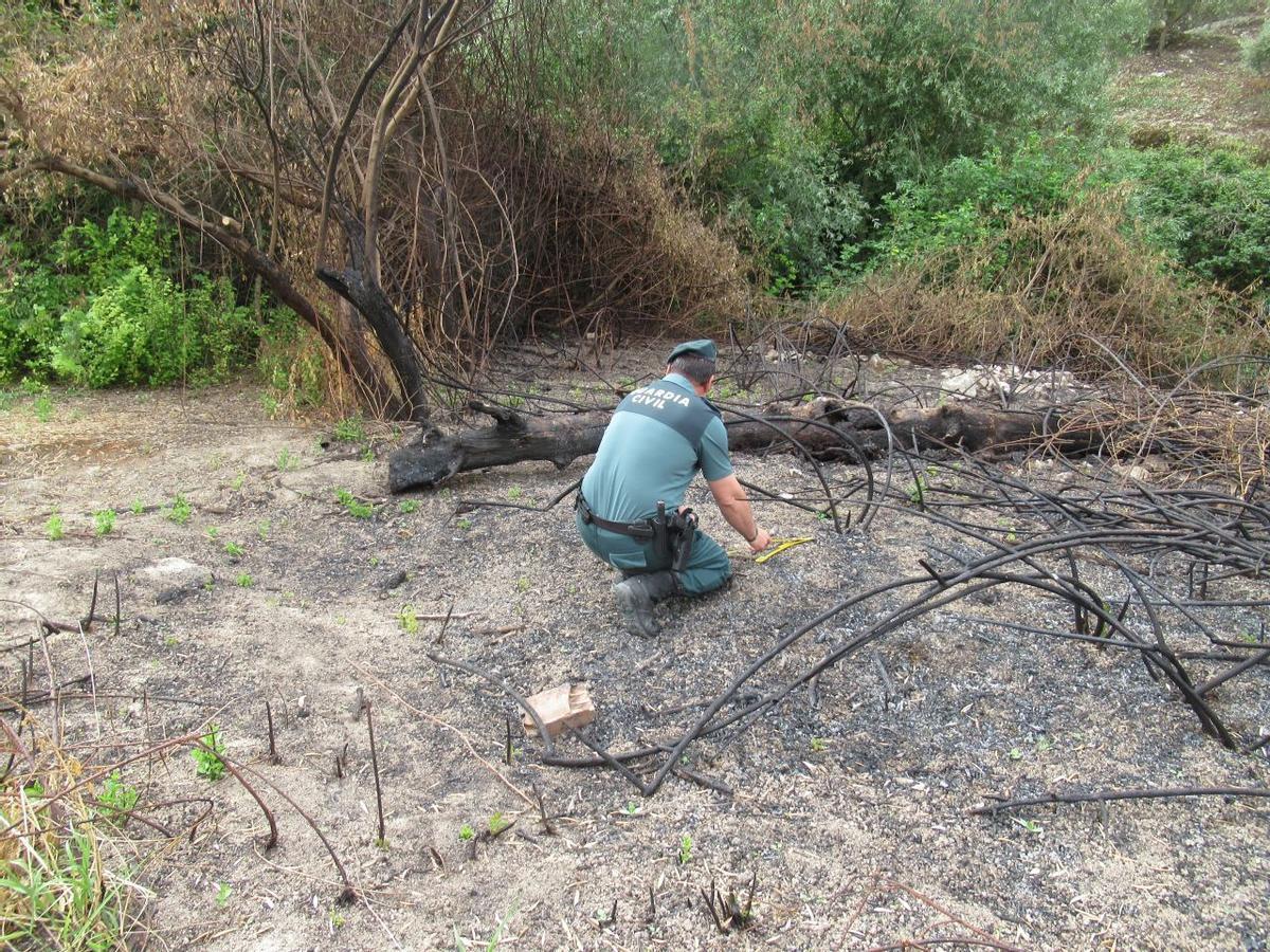 Un agente de la Guardia Civil trabaja en el lugar del incendio.