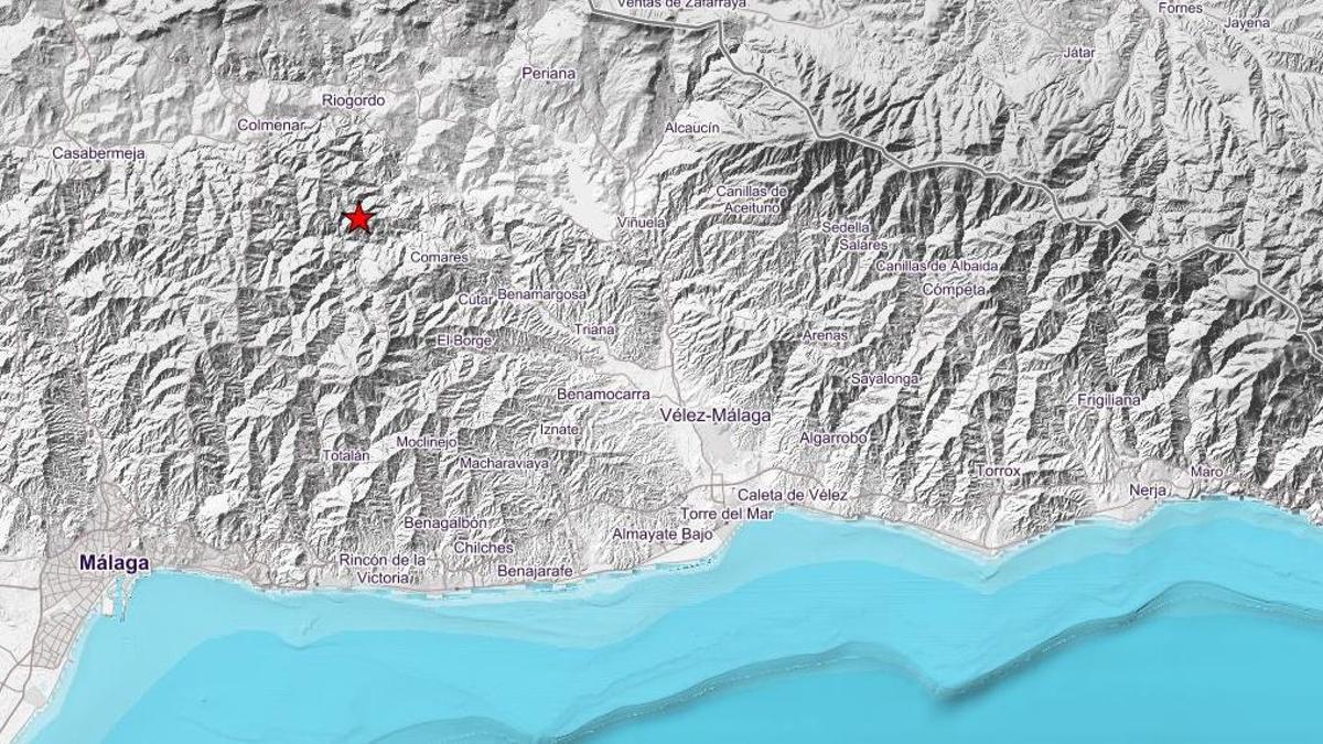 Epicentro del terremoto registrado este domingo en la Axarquía.