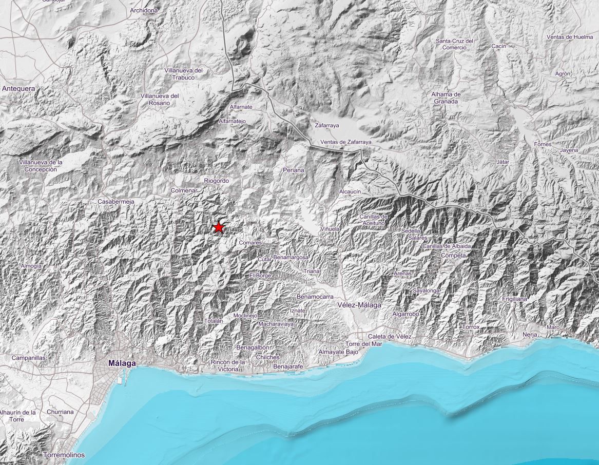 Epicentro del terremoto registrado este domingo en la Axarquía.