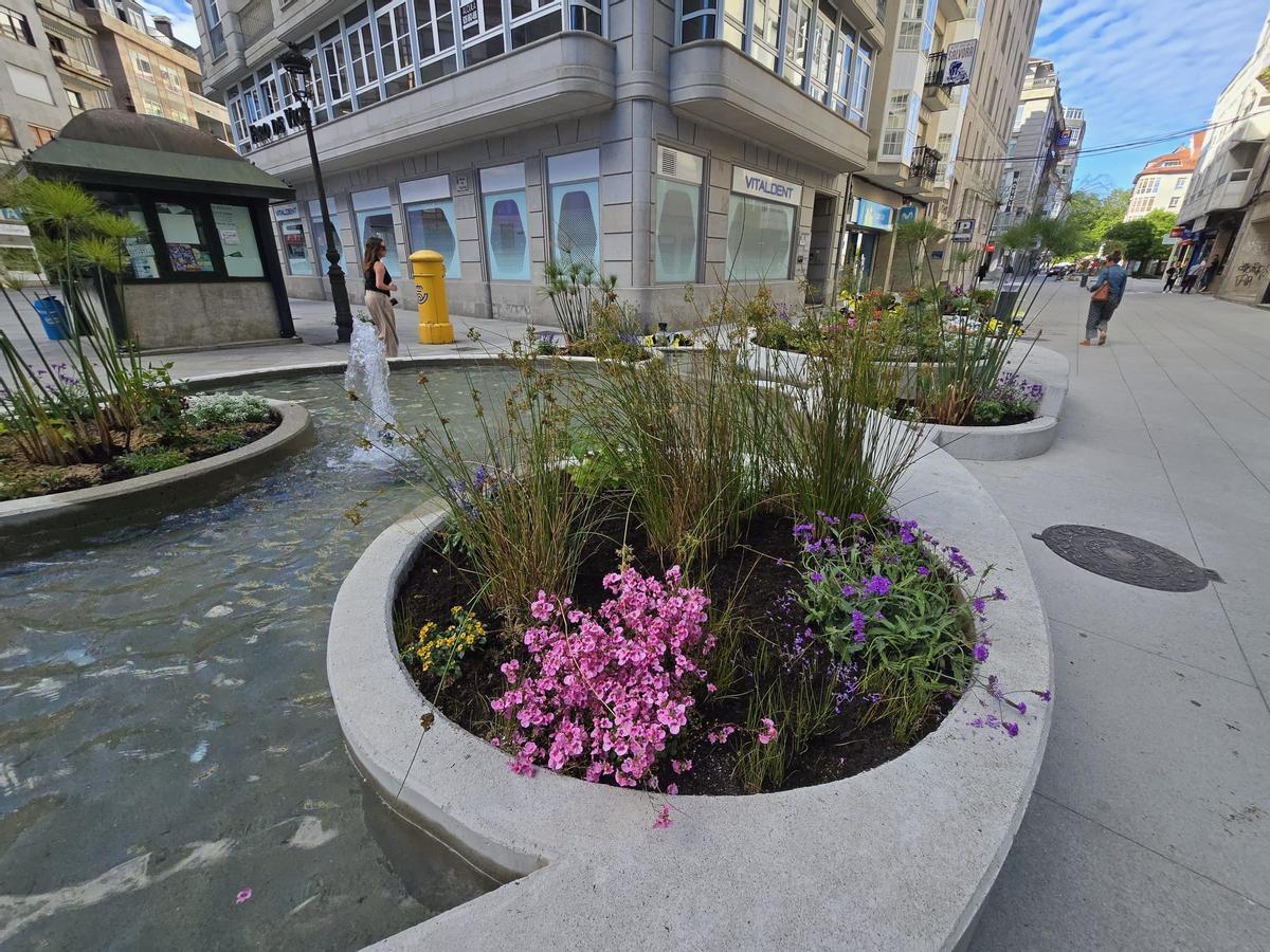 Los operarios municipales se encargan esta mañana de recuperar los deteriorados jardines de la peatonalizada calle de Arzobispo Lago, en Vilagarcía.