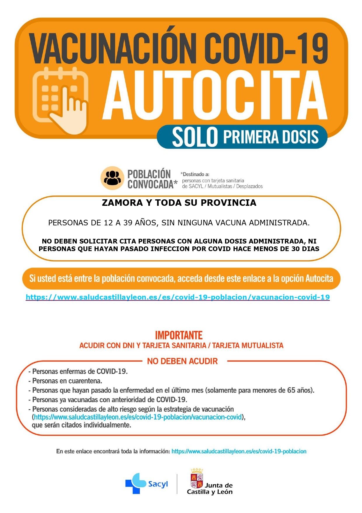 Vacunación por autocita para primeras dosis a personas de 12 a 39 años. Zamora. 28 de septiembre