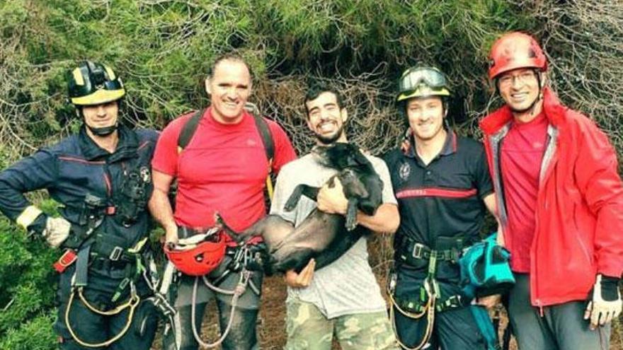 Los bomberos y especialistas junto a Kira y su dueño.