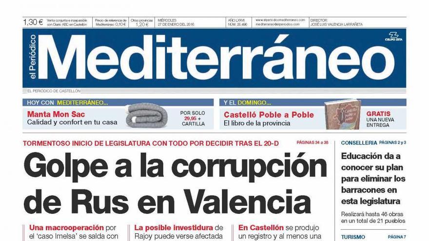 Golpe a la corrupción de Rus en Valencia, en la portada de Mediterráneo