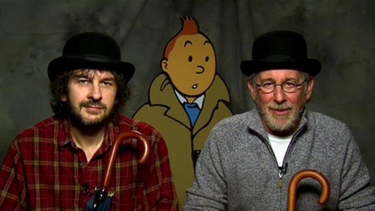 Peter Jackson y Steven Spielberg flanquean al mítico Tintín.