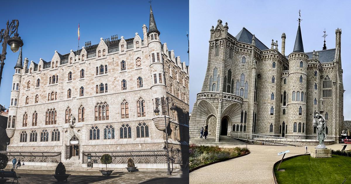 A la izquierda, la Casa de los Botines en León. A la derecha, fachada del Palacio Episcopal de Astorga.