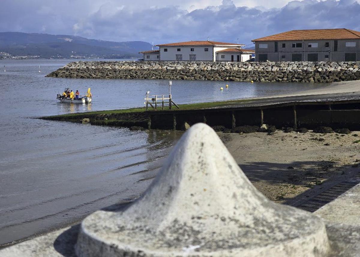 Mariscadores frente a O Preguntoiro, con la lonja al fondo. | M.M.