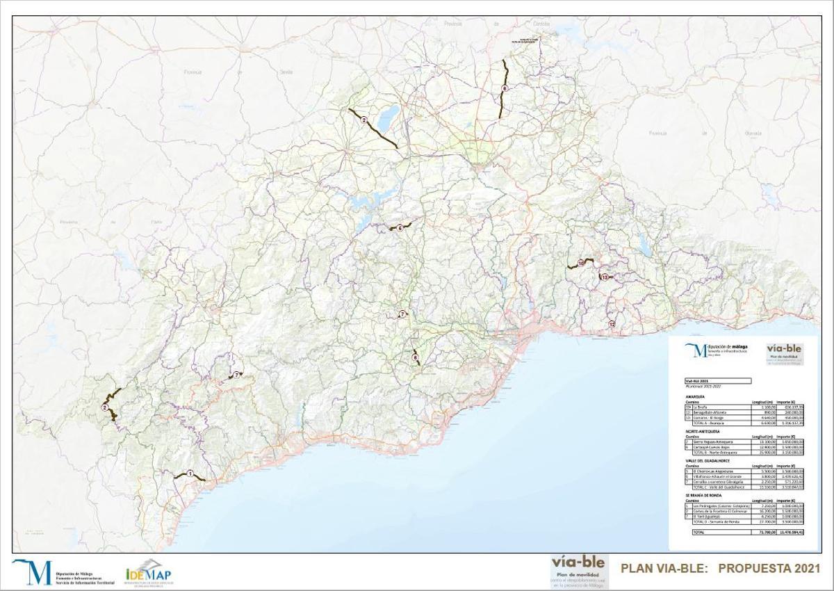 Mapa de la provincia donde se indican las mejoras en los caminos rurales propuestos por la Diputación