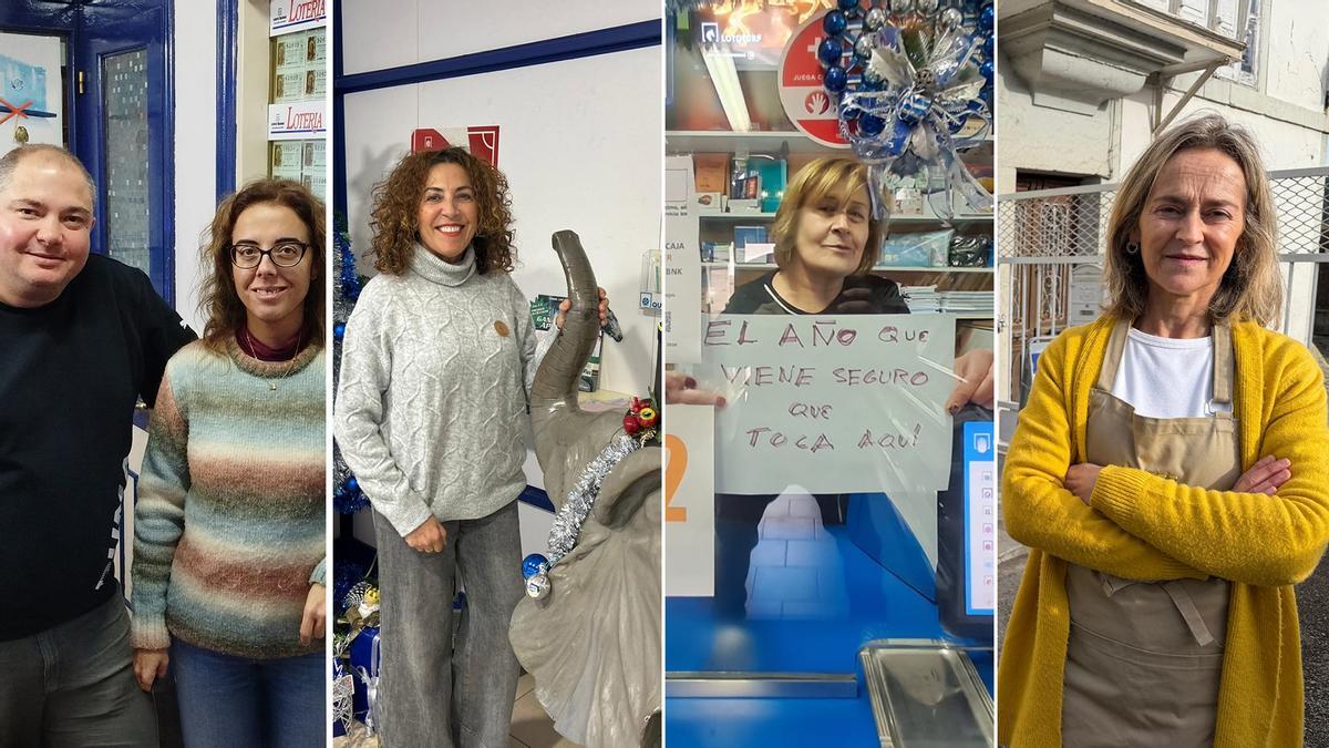 De izquierda a derecha, Jorge Salas y Susana Quintana, ayer, en la administración Casa Salas de Vegadeo; Emilia Escobar, en la administración número 1 de Luanco, tras el sorteo de Navidad celebrado ayer; Montserrat Álvarez, con un cartel «optimista», en el mostrador de su estanco de Campomanes (Lena) y Begoña Gestera, delante del establecimiento donde vende lotería en la localidad de Bustio (Ribadedeva)