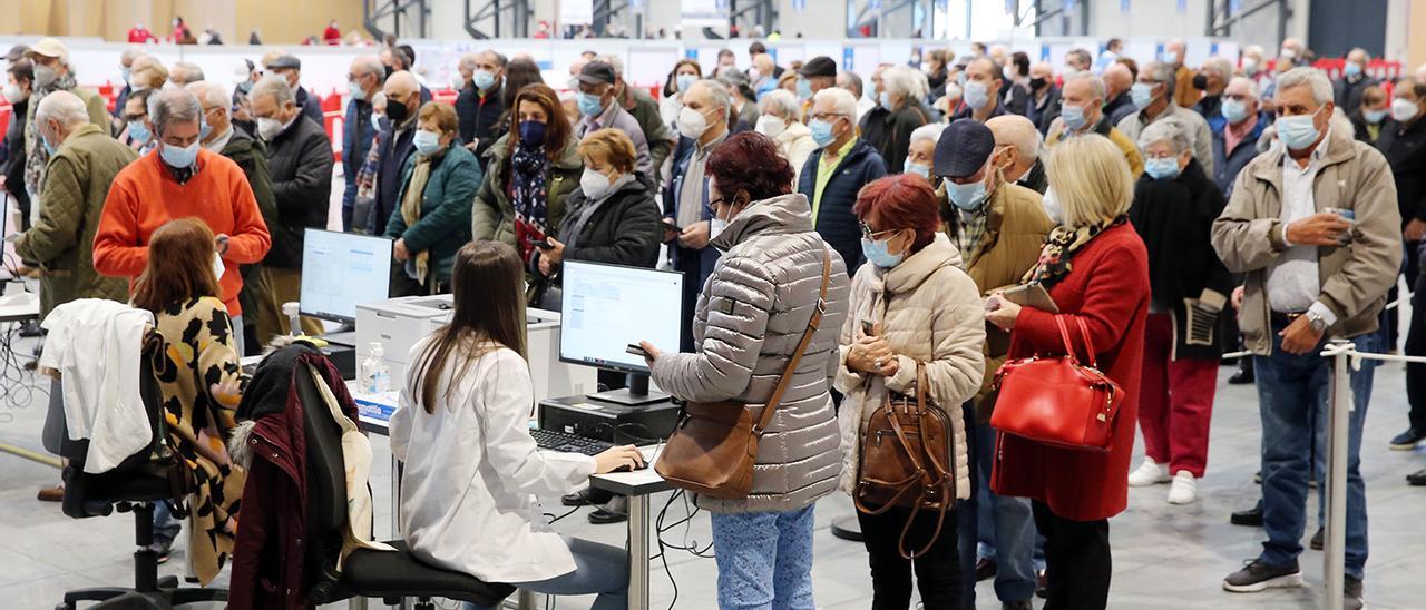 Cientos de personas hacen cola para ser vacunados ayer en el recinto ferial