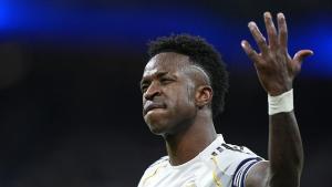 Vinicius Junior of Real Madrid CF gestures during the Spanish League, LaLiga EA Sports, football match played between Real Madrid and Atletico de Madrid at Bernabeu stadium on March 22, 2026, in Madrid, Spain. AFP7 22/03/2026 ONLY FOR USE IN SPAIN