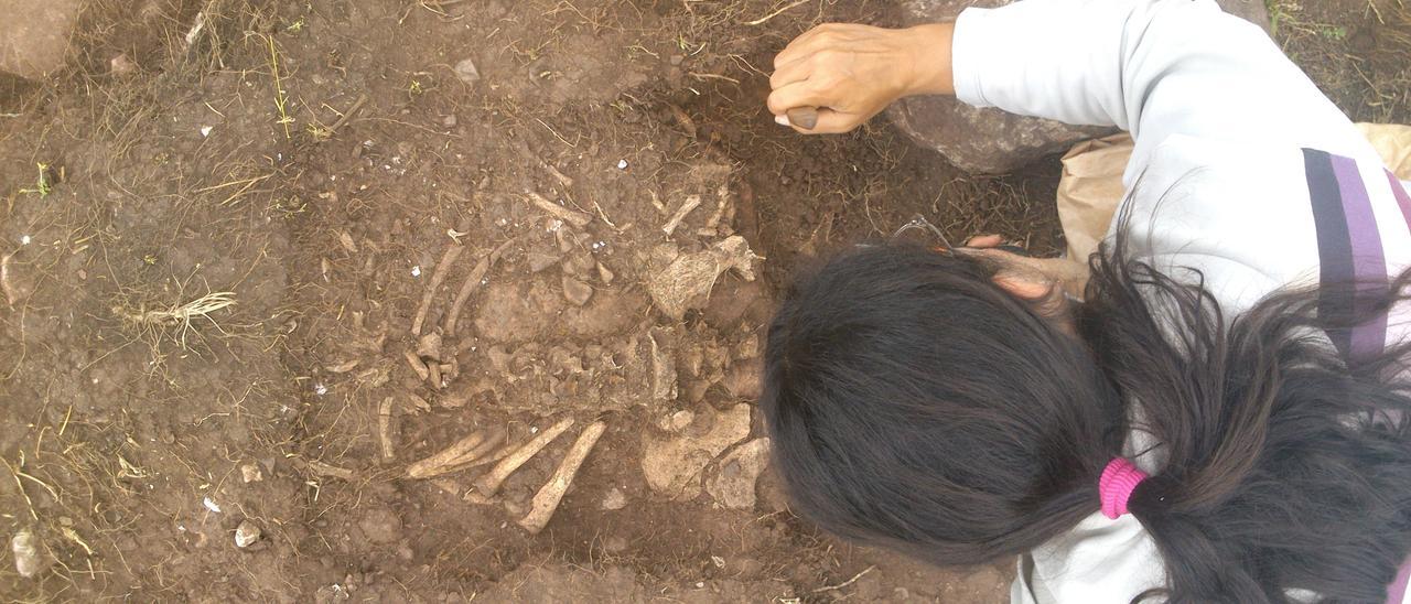 Una arqueóloga, trabajando en el desenterramiento de un esqueleto hallado en 2013 en el yacimiento.