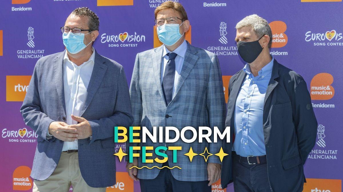 El alcalde de Benidorm, Toni Pérez, el presidente de la Generalitat Valenciana, Ximo Puig, y el presidente de RTVE, José Manuel Pérez Tornero.