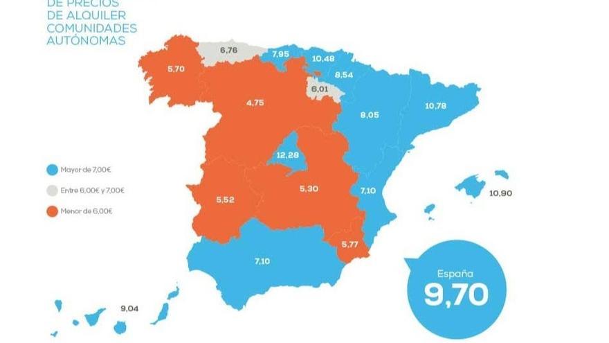 Mapa de alquiler en España.