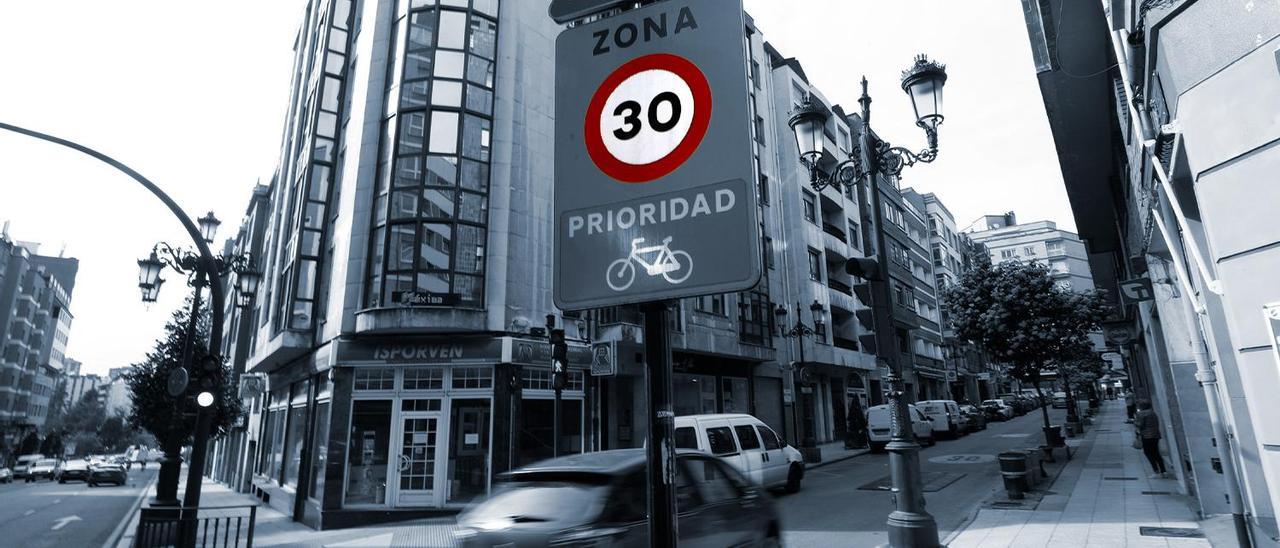 Una señal de limitación a 30 por hora en la calle Félix Aramburu de Oviedo.