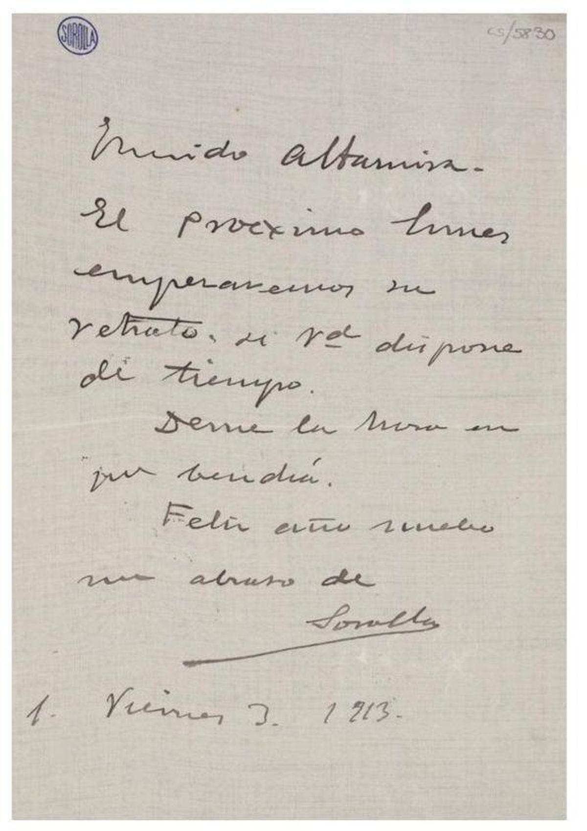 Carta de Sorolla a Altamira en 1913, anunciando que empezaba el retrato.