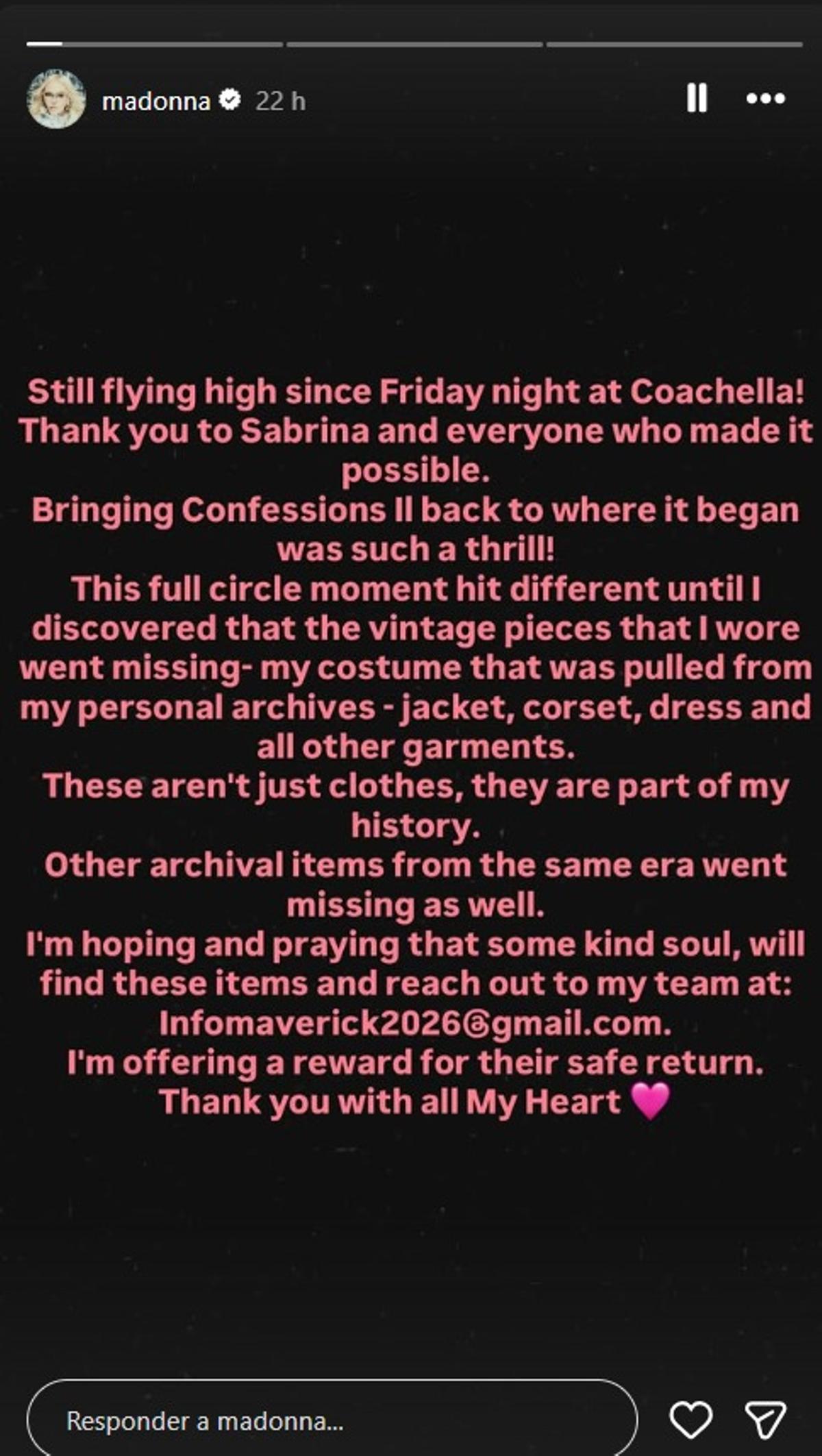 Madonna denuncia el robo del mítico traje que usó en Coachella y ofrece una recompensa