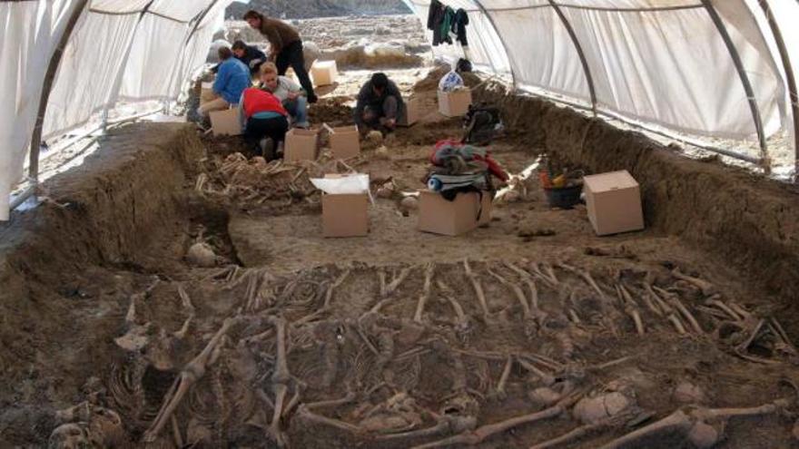 Trabajos de exhumación en la fosa del cementerio de San Rafael.