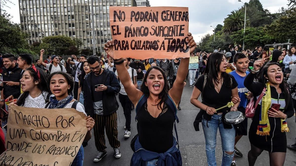 Manifestación contra el Gobierno de Iván Duque, este sábado en Bogotá.