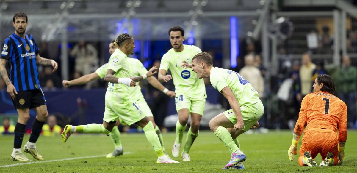 Dani Olmo suelta un grito de rabia tras anotar el 2-2.