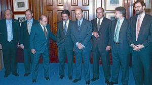 Pacte del Majestic 8 Pujol i Aznar, amb altres càrrecs dels seus partits, al Majestic, el 28 d’abril de 1996.