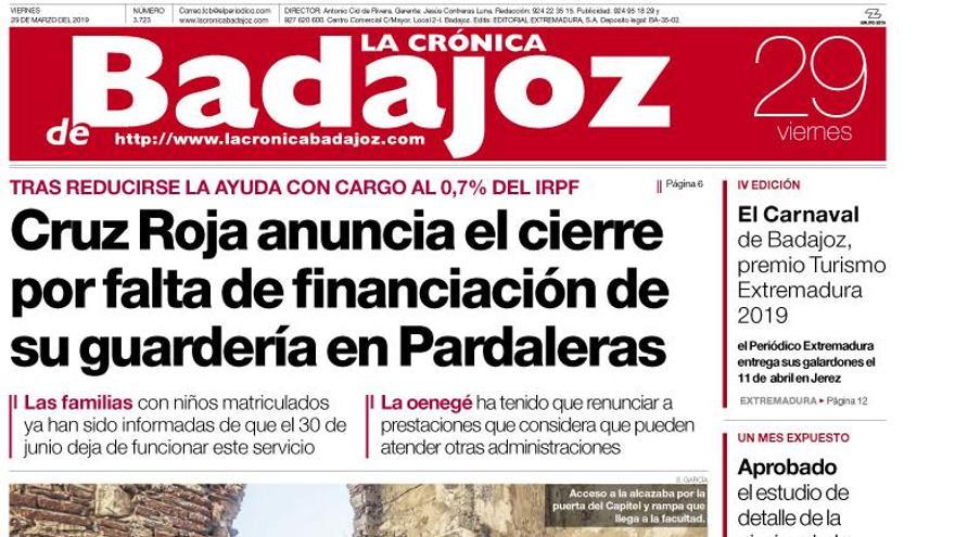 Esta es la portada de LA CRÓNICA DE BADAJOZ correspondiente al día 29 de marzo del 2019