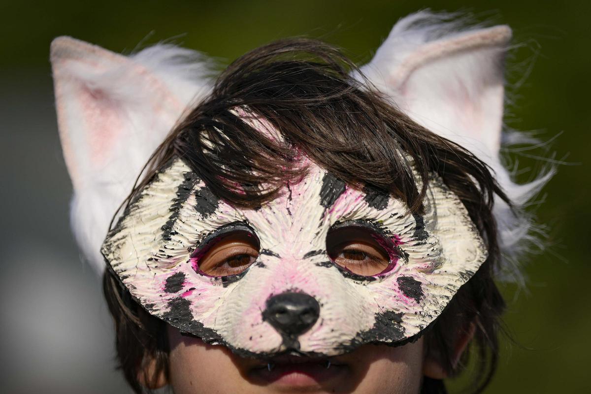 Ein Therian mit einer Wolfsmaske in Barcelona.