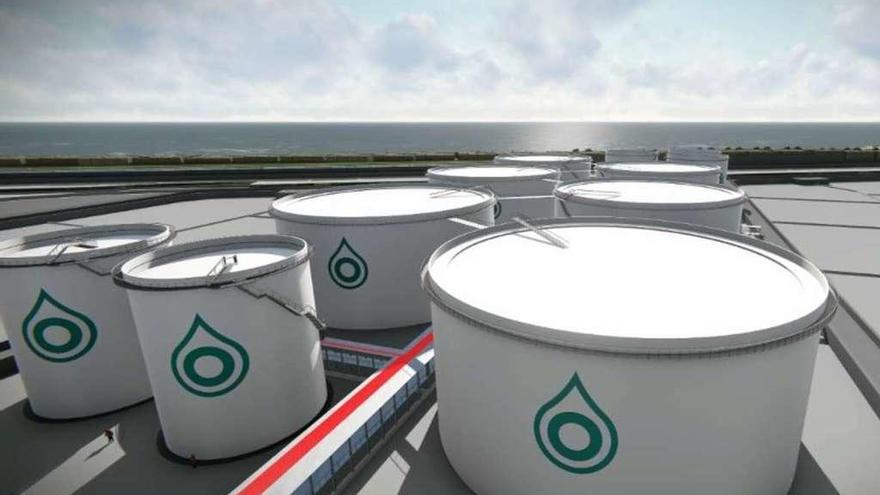 Recreación de los tanques de almacenamiento de Oil Deposit Corunna en Langosteira en un vídeo promocional.