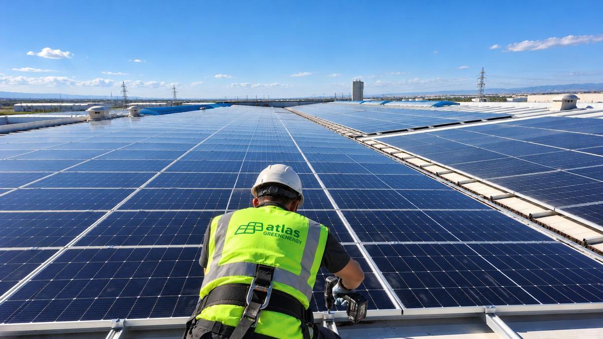 Trabajador instalando placas solares