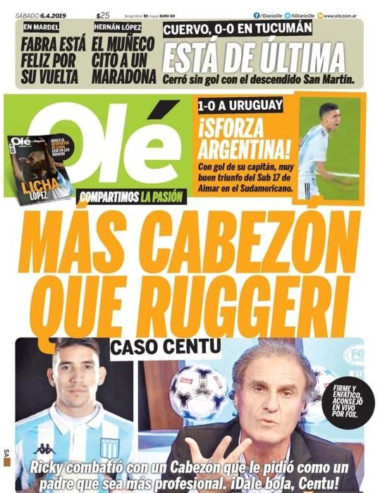 Portada OLÉ  sábado 6 de abril de 2019