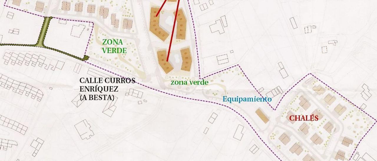 Distribución de chalés y bloques de pisos del SUD-1 en Mera, según el plan parcial. |   // L.O.