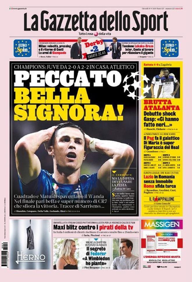Portada de La Gazzetta dello Sport del 19 de septiembre de 2019