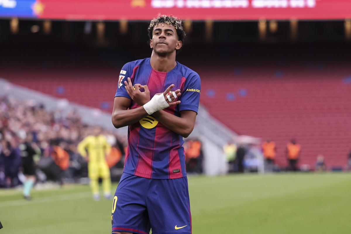 Lamine Yamal of FC Barcelona celebrates a goal during the Spanish league, LaLiga EA Sports, football match played between FC Barcelona and Villarreal CF at Spotify Camp Nou stadium on February 28, 2026 in Barcelona, Spain. AFP7 28/02/2026 ONLY FOR USE IN SPAIN