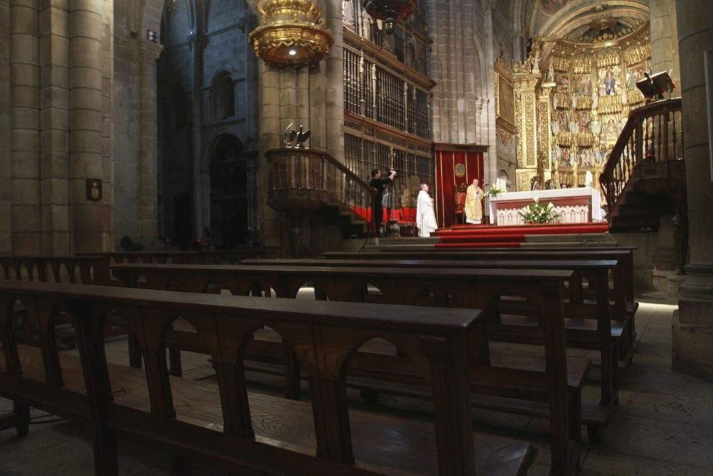 El obispo, Leonardo Lemos, ayer celebrando la ceremonia en la Catedral de Ourense sin gente. // Iñaki Osorio