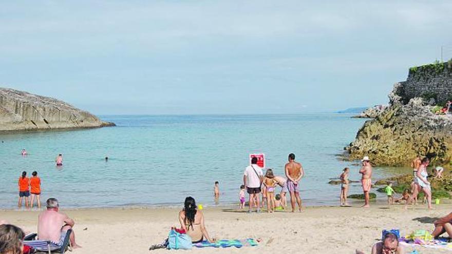Varios bañistas leen el cartel que advierte de la presencia de medusas, en la zona derecha de la playa del Sablón.