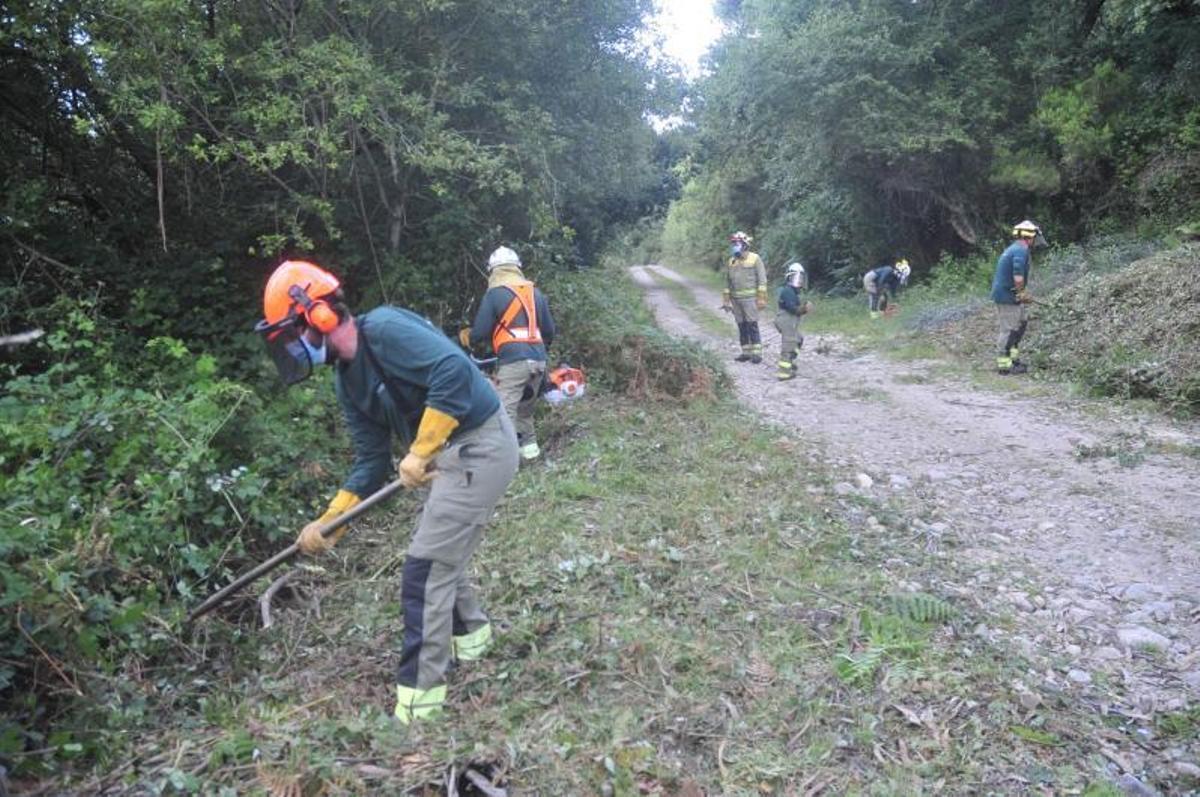 Una brigada, con el agente forestal Manuel Viéitez, limpiando una pista este fin de semana entre Meira y San Tomé, en Moaña. | // RAFA VÁZQUEZ
