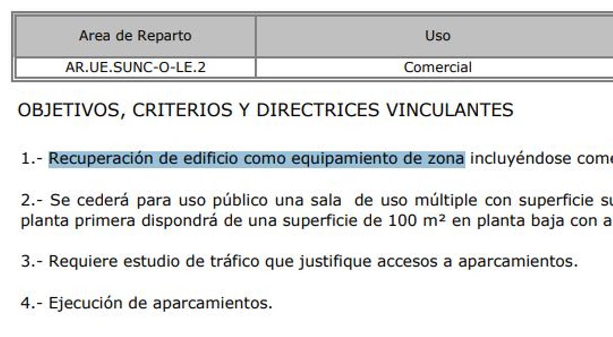 Extracto de la ficha urbanística del entorno de la antigua discoteca Bobby Logan.