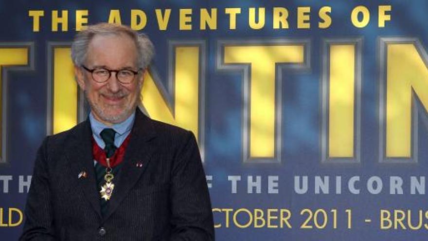 Steven Spielberg en la presentación de Tintín