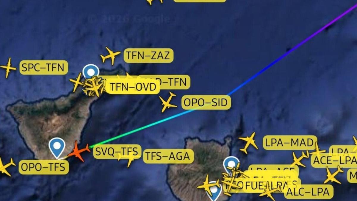 Mapa aéreo del vuelo que aterrizó en Tenerife